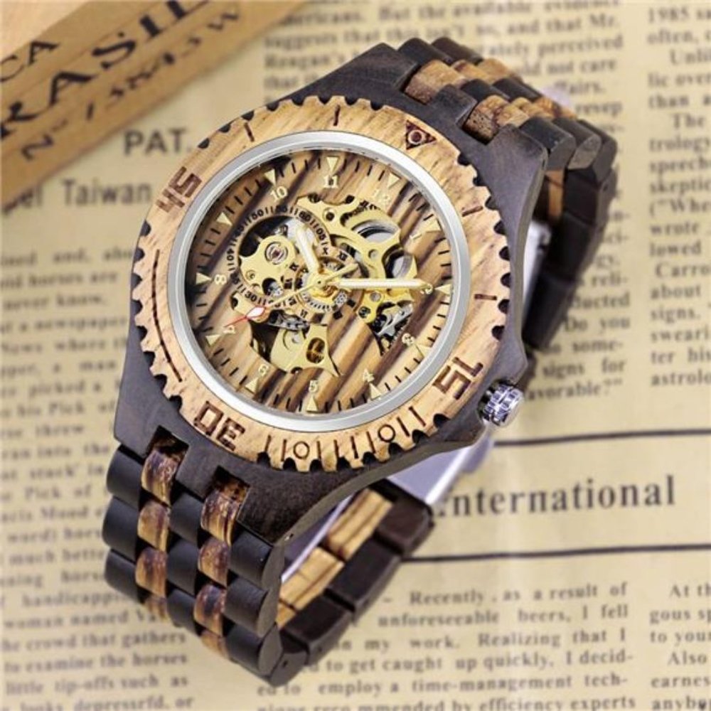 Men's Wooden Watch Skeleton Automatic Movement Wood Watch Self-Winding Watches